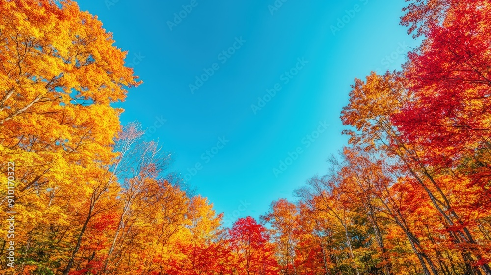 Vibrant Autumn Foliage Displaying Shades of Red and Gold Under Clear Blue Sky Vibrant Autumn Foliage Displaying Shades of Red and Gold Under Clear Blue Sky