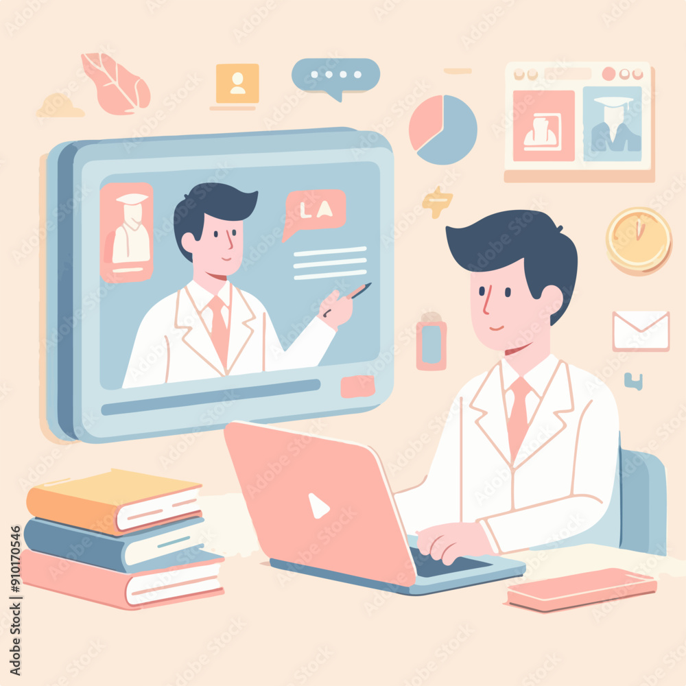 Concept illustration of online courses, distance studying, self education, digital library. E-learning banner. Online education. Vector illustration in flat style Concept illustration of online courses, distance studying, self education, digital library. E-learning banner. Online education. Vector illustration in flat style