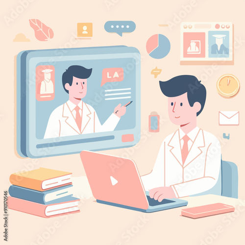 Concept illustration of online courses, distance studying, self education, digital library. E-learning banner. Online education. Vector illustration in flat style