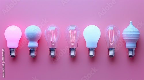 Different shaped light bulbs displayed on a soft pastel pink gradient background photo