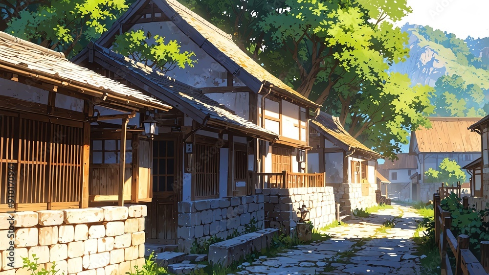 rustic village charming village with traditional archi flat anime