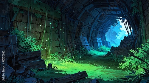 secret hideout hidden base or lair in an isolated loca flat anime