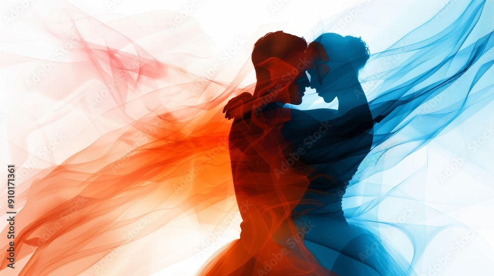 Salsa dancers in a passionate pose, overlaid with abstract and colorful visuals using double exposure, emphasizing creativity and visual blend