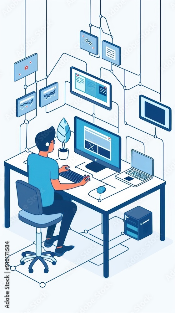 Isometric illustration of a man working on a computer with multiple connected devices Isometric illustration of a man working on a computer with multiple connected devices