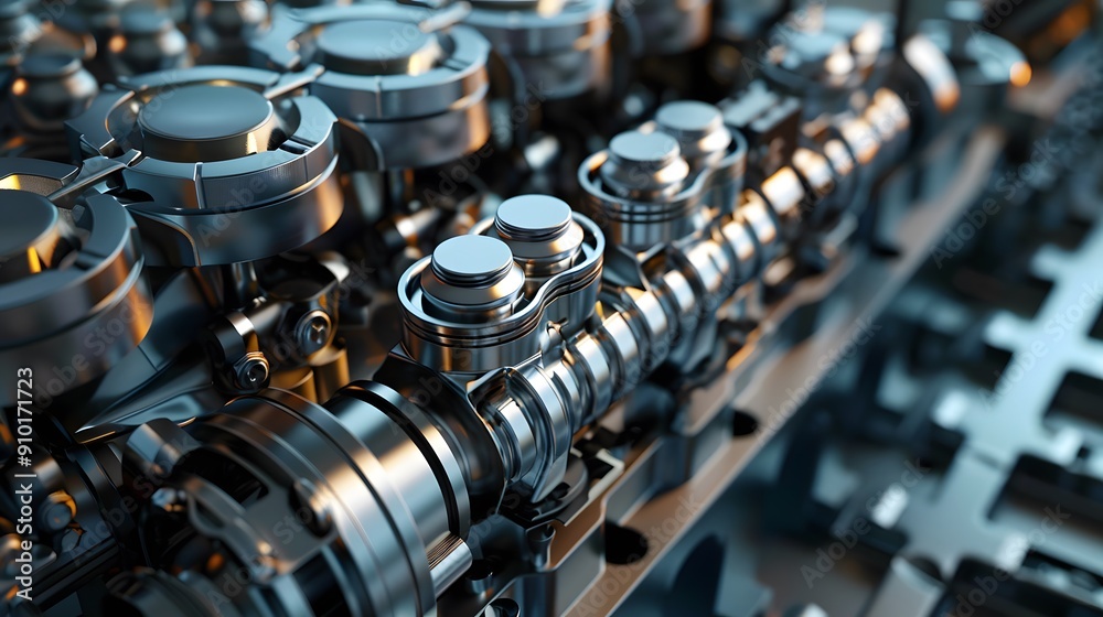 Highly detailed 3D mechanical engine with explosive views of the crankshaft, pistons, and camshaft assembly Highly detailed 3D mechanical engine with explosive views of the crankshaft, pistons, and camshaft assembly