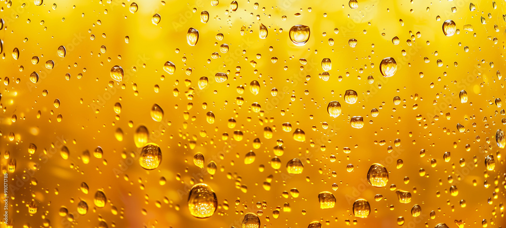Water or beer condensation droplets on a yellow glass background Water or beer condensation droplets on a yellow glass background