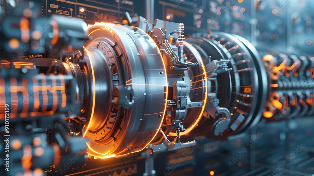 Intricate 3D rendering of an advanced gas turbine engine with floating parts highlighting the rotor blades and combustion system Intricate 3D rendering of an advanced gas turbine engine with floating parts highlighting the rotor blades and combustion system