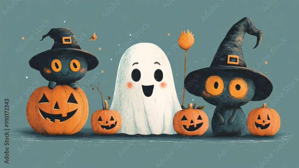 Obraz premium A whimsical Halloween illustration featuring a smiling ghost, adorable black cat witches, and carved pumpkins, perfect for festive decor or Halloween-themed designs.