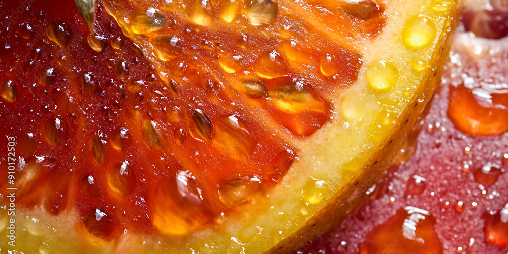 Close-Up of Blood Orange Slice with Juicy Pulp and Visible Seed Close-Up of Blood Orange Slice with Juicy Pulp and Visible Seed