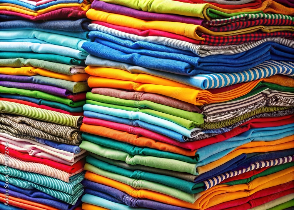 Vibrant heap of neatly folded t-shirts in assorted colors and patterns, arranged in a stylized pile, perfect for fashion, retail, or lifestyle-themed visual projects. Vibrant heap of neatly folded t-shirts in assorted colors and patterns, arranged in a stylized pile, perfect for fashion, retail, or lifestyle-themed visual projects.