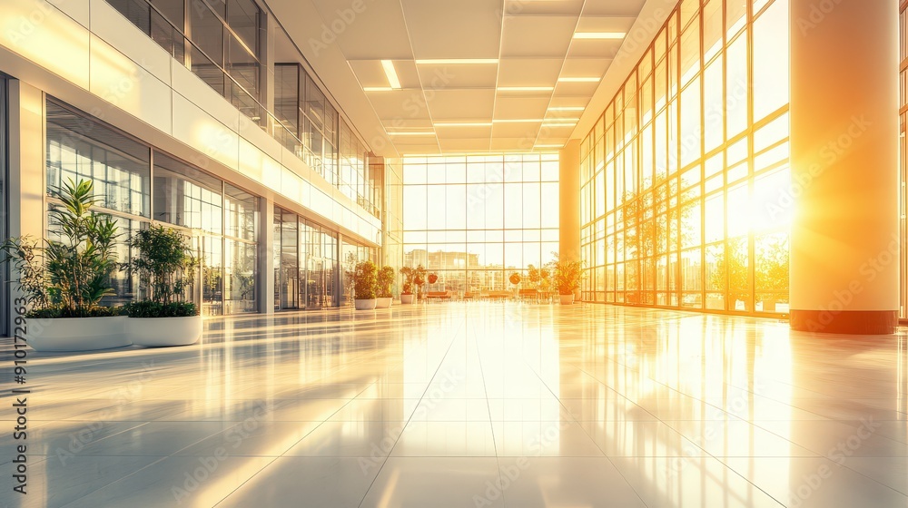 A spacious atrium filled with natural light as the sun sets, highlighting the polished floors and potted plants along the expansive windows A spacious atrium filled with natural light as the sun sets, highlighting the polished floors and potted plants along the expansive windows