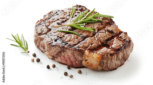 A gourmet ribeye steak, cooked to medium perfection, garnished with rosemary and salt, on a white background