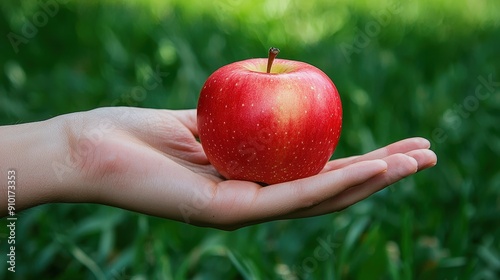 A person holds a bright red apple in their open hand, surrounded by vibrant green grass under clear blue skies