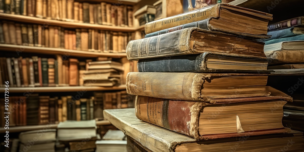 A photo of bookshelves groaning under the weight of antique books. The shelves are wooden and filled with old, leather-bound volumes. Reading and leisure concept. A photo of bookshelves groaning under the weight of antique books. The shelves are wooden and filled with old, leather-bound volumes. Reading and leisure concept.