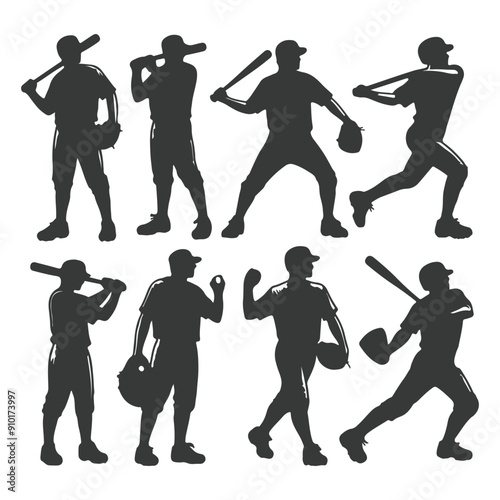 Baseball player silhouettes set in different poses. Baseball icons vector. Man Throwing Ball Silhouette. Baseball Player Silhouette. baseball player, vector isolated illustration. Baseball batter.