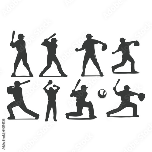 Baseball player silhouettes set in different poses. Baseball icons vector. Man Throwing Ball Silhouette. Baseball Player Silhouette. baseball player, vector isolated illustration. Baseball batter.