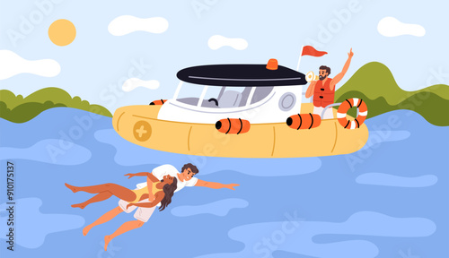 Sea lifeguards. Man with megaphone on rescue boat. Guy pulls drowning girl out of ocean water. Swimming prohibition. Lifesavers help to victim. Rescuers ship. Garish vector concept