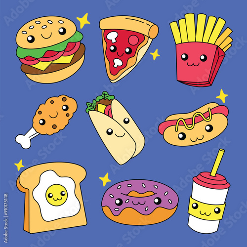 Hand drawn cute kawaii fast food collection