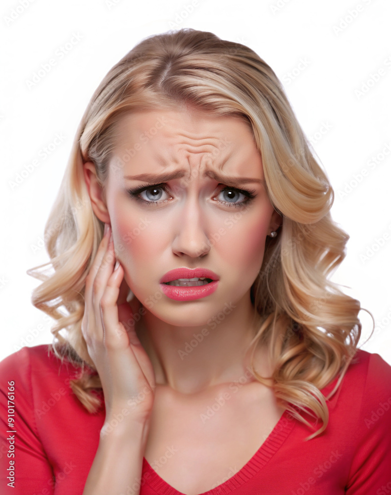 Girl in red sweater saw something unpleasant and got upset, emotions, white background Girl in red sweater saw something unpleasant and got upset, emotions, white background