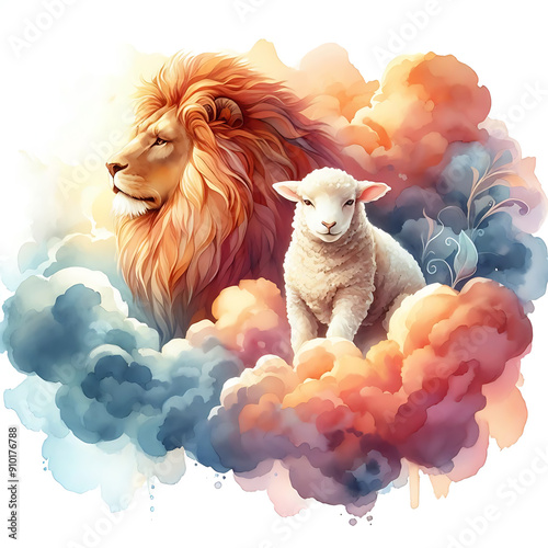 Jesus, the lion, the lamb of God. Digital watercolor painting	 photo