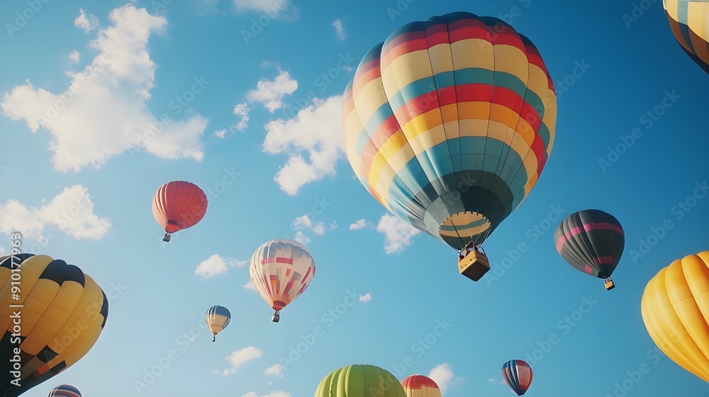 A beautiful sky filled with colorful hot air balloons floating gracefully. The clear blue sky and fluffy clouds add to the picturesque and serene atmosphere of this vibrant aerial display.