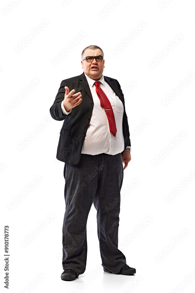 Debates. Full-length of overweight man, businessman in black suit and glasses standing and confidently talking isolated on white background. Concept of business, promotion, achievement Debates. Full-length of overweight man, businessman in black suit and glasses standing and confidently talking isolated on white background. Concept of business, promotion, achievement