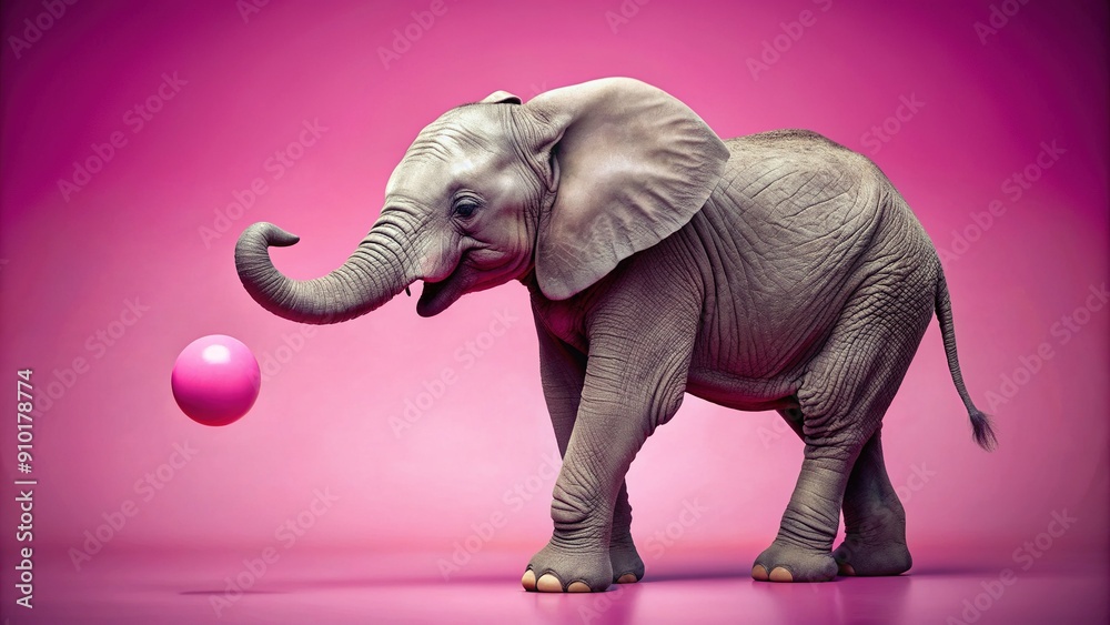 Fototapeta premium Playful baby elephant stands against a bright pink background, carefully balancing a pink ball on the tip of its curled trunk, exuding innocence and charm.