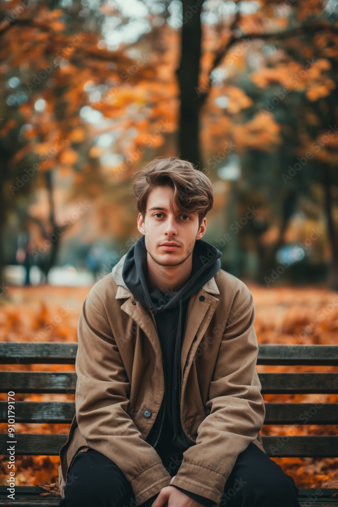 A man wearing fall attire sits on a park bench with a pensive expression, embracing the seasonal colors and calm. A man wearing fall attire sits on a park bench with a pensive expression, embracing the seasonal colors and calm.