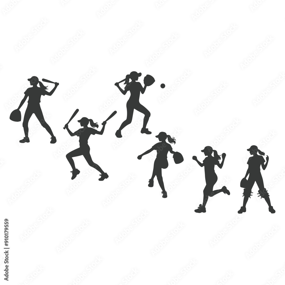 Fototapeta premium Baseball player silhouettes set in different poses. Baseball icons vector. Man Throwing Ball Silhouette. Baseball Player Silhouette. baseball player, vector isolated illustration. Baseball batter.