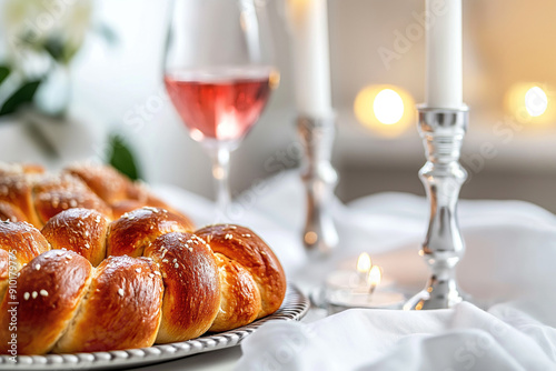 The Shabbat table is elegantly arranged with glowing candles, a silver candlestick, challah bread, and a Shabbat Kiddush cup on a white tablecloth photo