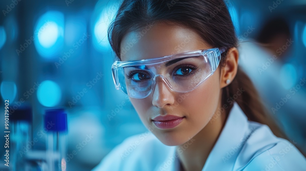 A young scientist, wearing safety goggles and a lab coat, focuses intently on her work in a high-tech laboratory filled with blue lighting A young scientist, wearing safety goggles and a lab coat, focuses intently on her work in a high-tech laboratory filled with blue lighting