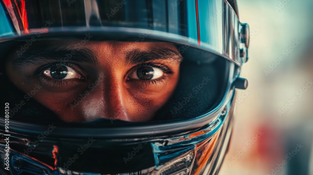 A race car driver gazes intensely through a helmet visor, focusing on the upcoming challenge, showcasing determination and readiness on the track. A race car driver gazes intensely through a helmet visor, focusing on the upcoming challenge, showcasing determination and readiness on the track.