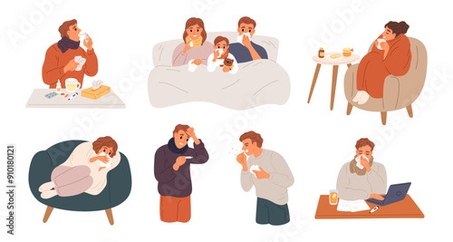 Cartoon people with flu symptoms. Sick men and women. Ill children. Family with cold in bed. Runny nose. Sore throat and malaise. Cough or sneeze. Medical treatment. Garish vector set