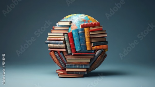 A stylized 3D rendering of a stack of books forming a globe, symbolizing global literacy. The books are arranged in a spherical shape, representing different cultures and languages around the world.
