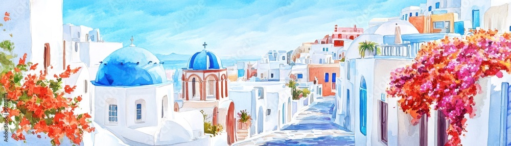 Fototapeta premium A picturesque view of Santorini, Greece, showcasing charming buildings, vibrant flowers, and a serene blue sky.
