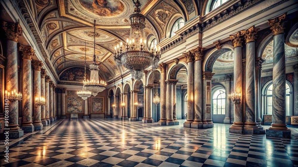 Obraz premium Majestic opulent palace hall with ornate chandeliers, marble floors, and intricate columns, bathed in soft monochrome tones, evoking a sense of mystery and abandoned grandeur.