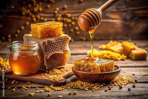 Golden honey pours from natural honeycombs, arranged on a rustic wooden surface, surrounded by scattered beeswax cells and warm, earthy tones. photo