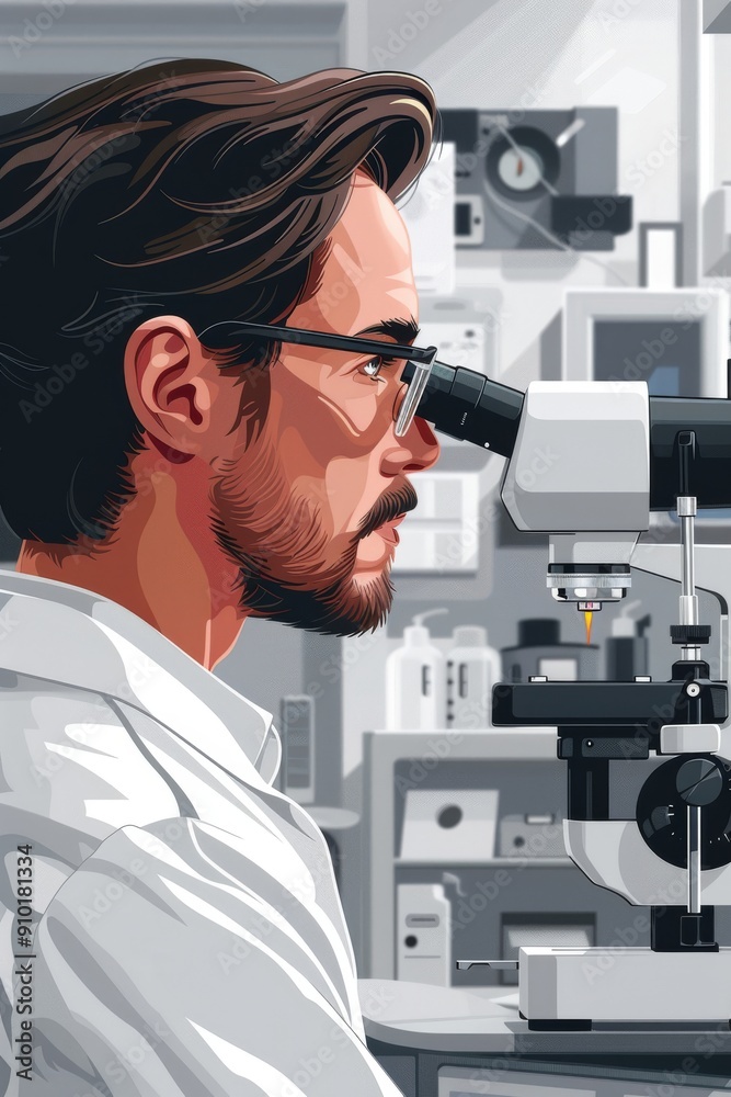 Doctor ophtolmologist behind the microscope in vector style Doctor ophtolmologist behind the microscope in vector style