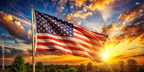 Vibrant American flag waves proudly against a warm, sunny background, its stars and stripes illuminated by natural light, evoking feelings of patriotism and national pride. photo