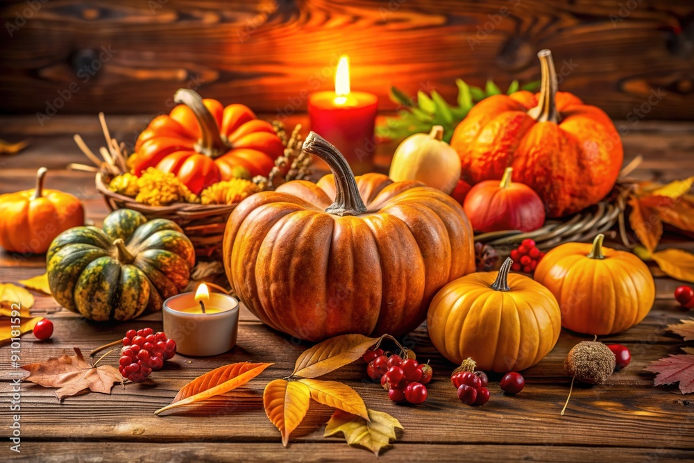 Vibrant traditional pumpkins and autumn leaves adorn a rustic wooden table, surrounded by warm fall decorations, perfect for a cozy Thanksgiving season celebration. Vibrant traditional pumpkins and autumn leaves adorn a rustic wooden table, surrounded by warm fall decorations, perfect for a cozy Thanksgiving season celebration.