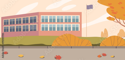 Illustration Of A School Building Surrounded By Autumn Foliage With Fallen Leaves On The Ground, Conveys Calm Atmosphere