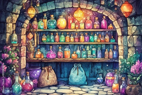 A vibrant potion shop filled with colorful bottles, glowing lights, and enchanting decorations, perfect for fantasy themes.