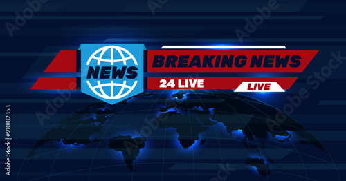 Broadcasting TV background. Breaking live news channel screen design. Screensaver of television program. Heading line template. Video streaming show display. Vector mass media banner