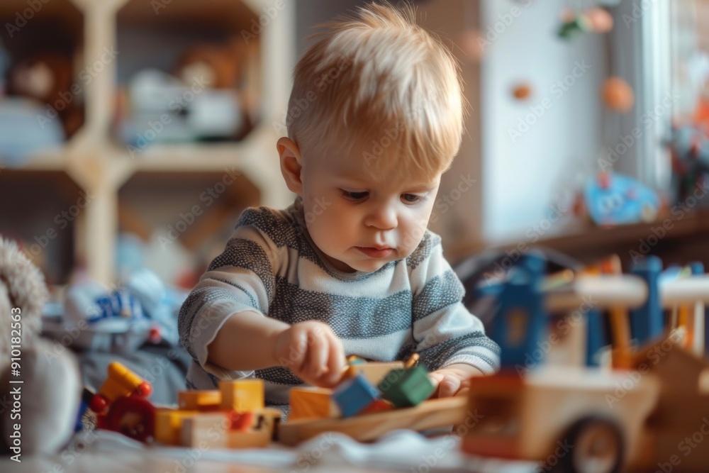 A toddler focuses intently on wooden toys, surrounded by a cozy and cluttered playroom, engaging in playful learning. A toddler focuses intently on wooden toys, surrounded by a cozy and cluttered playroom, engaging in playful learning.