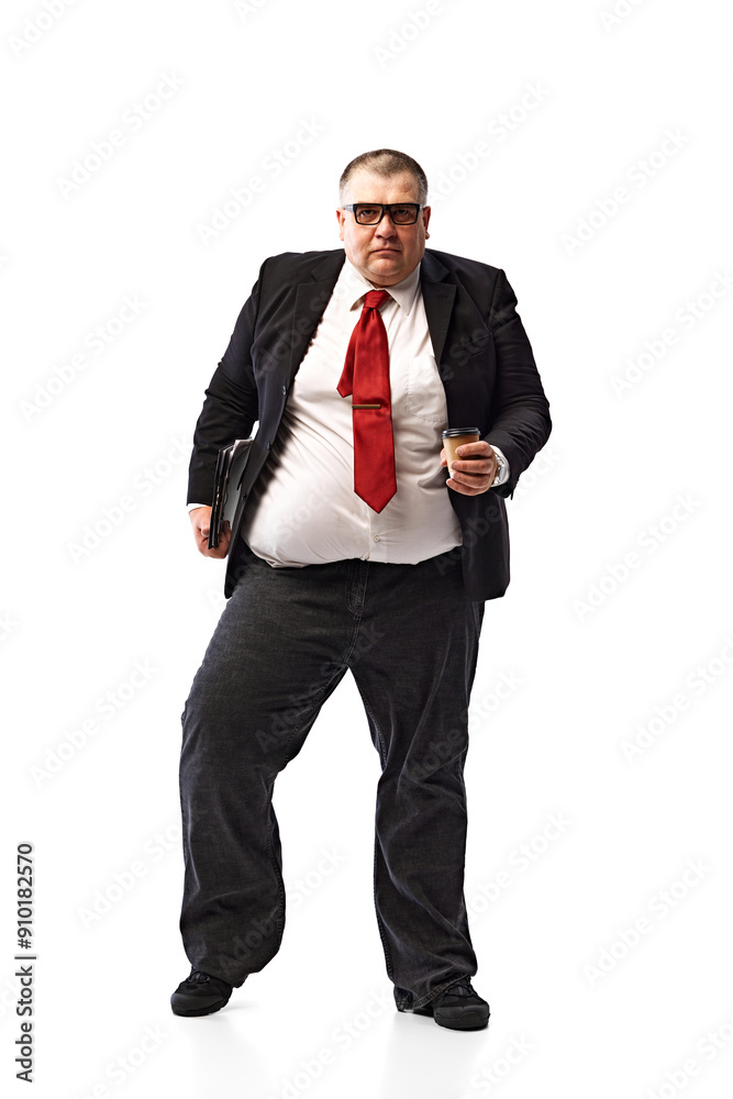 Going on business meeting. Confident and serious man in formal wear walking with documents and coffee isolated on white background. Concept of business, promotion, achievement, cooperation Going on business meeting. Confident and serious man in formal wear walking with documents and coffee isolated on white background. Concept of business, promotion, achievement, cooperation