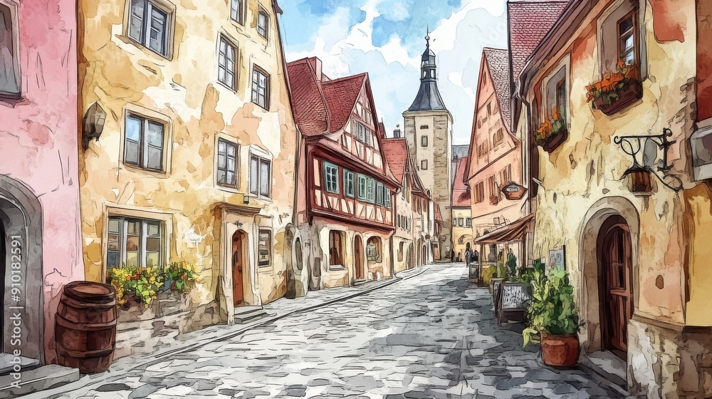 Fototapeta premium Charming cobblestone street in a historic village, featuring colorful houses and a serene atmosphere, perfect for travel enthusiasts.