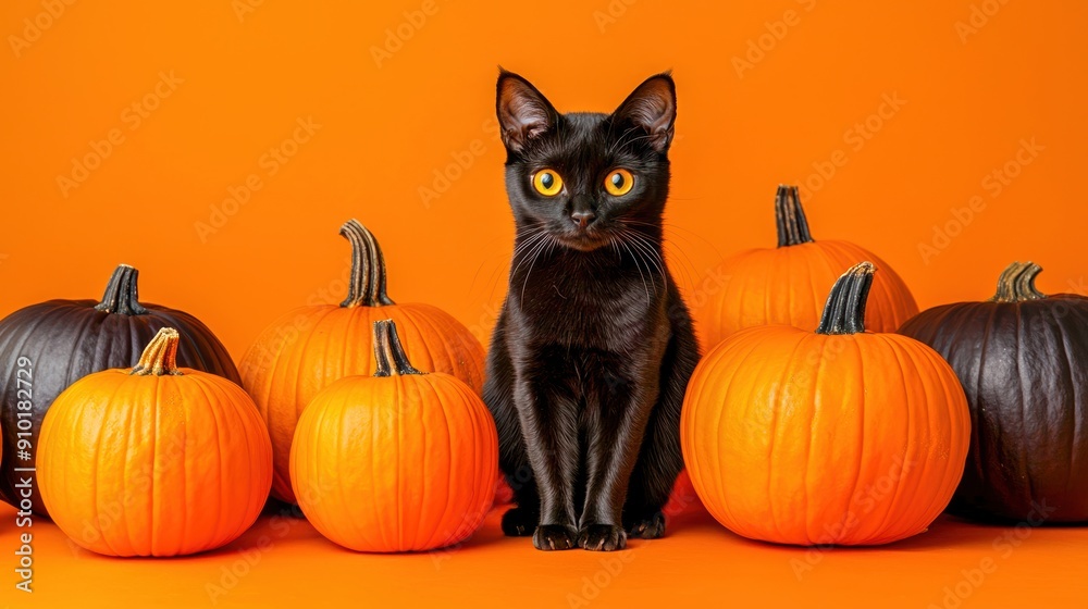 Black cat among pumpkins on an orange background, perfect for Halloween imagery Black cat among pumpkins on an orange background, perfect for Halloween imagery