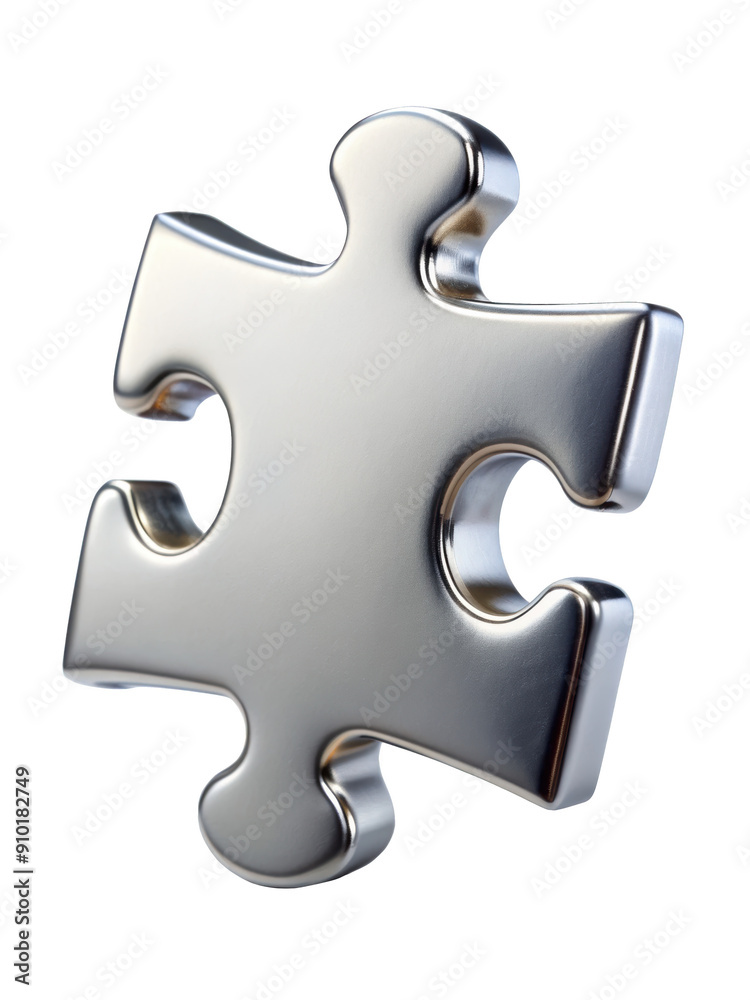 3D silver metallic puzzle piece with a smooth and shiny surface, representing connection and problem-solving. Isolated on transparent background, png. 3D silver metallic puzzle piece with a smooth and shiny surface, representing connection and problem-solving. Isolated on transparent background, png.