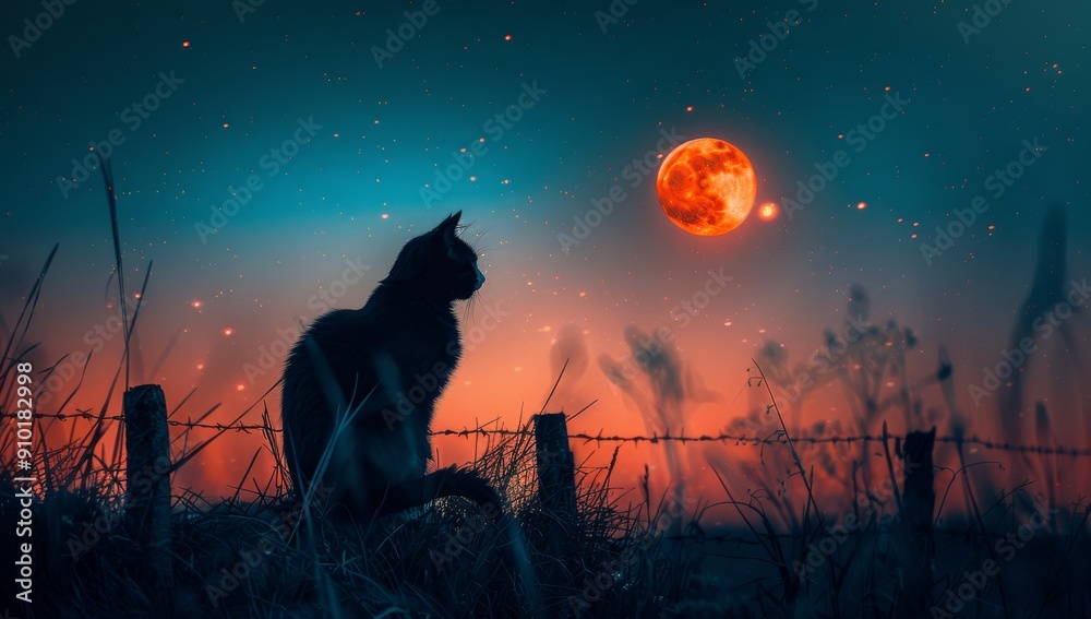 Fototapeta premium Mysterious Black Cat Gazing at Lunar Orange Moon on Fence, 3D Cinematic Rendering with Red and Green Tones