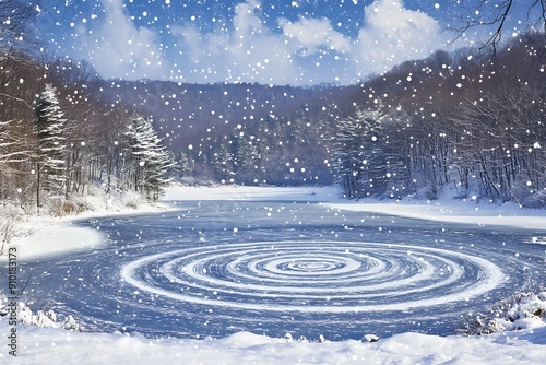 Serene Winter Scene: Snowflakes Swirling over Frozen Lake with Cloudy Sky